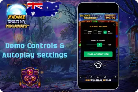 Demo version control panel and autoplay settings Madame Destiny Megaways